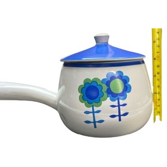 Vintage MCM Floral Decal Ceramic Sauce Pan Lid Blue White Green Cheery Mod Retro - Picture 11 of 11